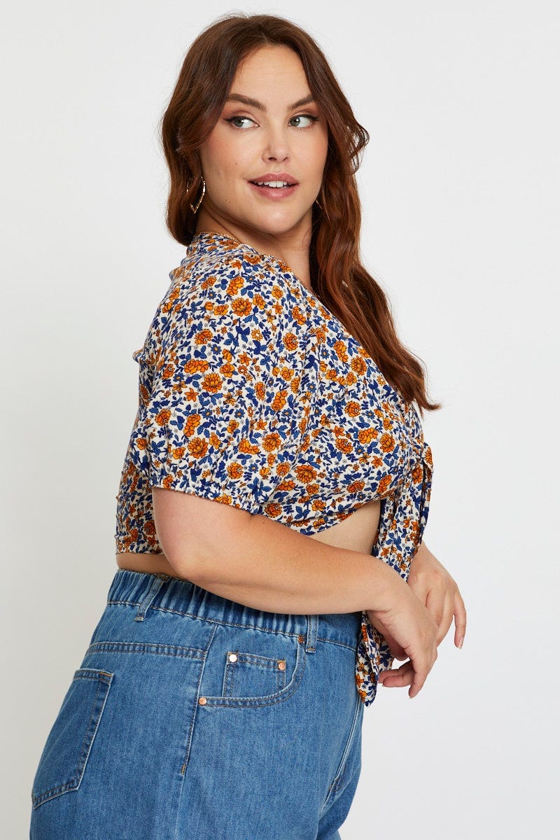 Floral Print Crop Top Short Sleeve Tie Front - Image 4