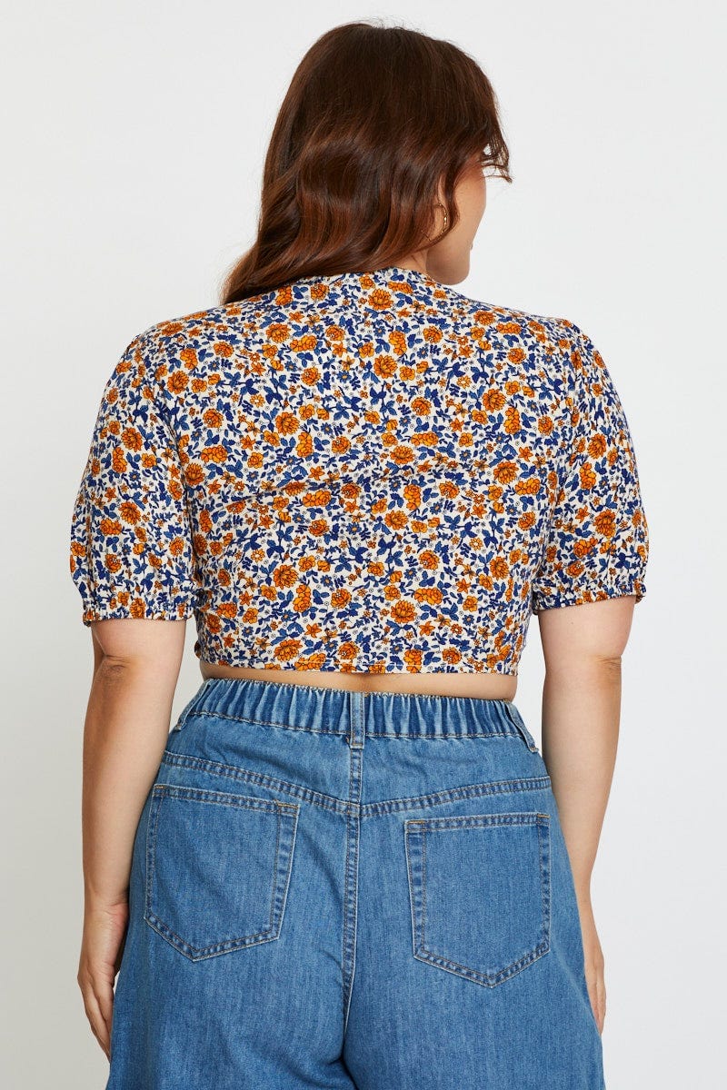 Floral Print Crop Top Short Sleeve Tie Front - Image 5