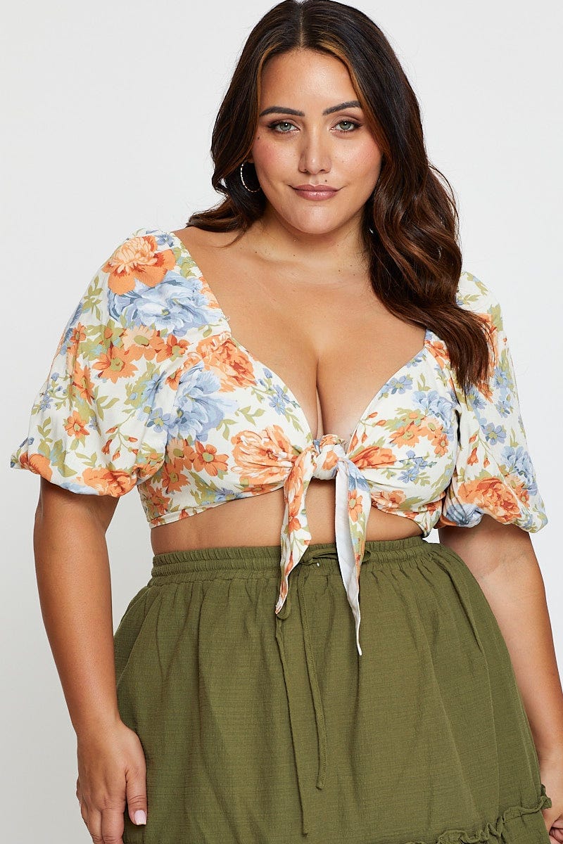Floral Print Crop Top Short Sleeve Tie Front