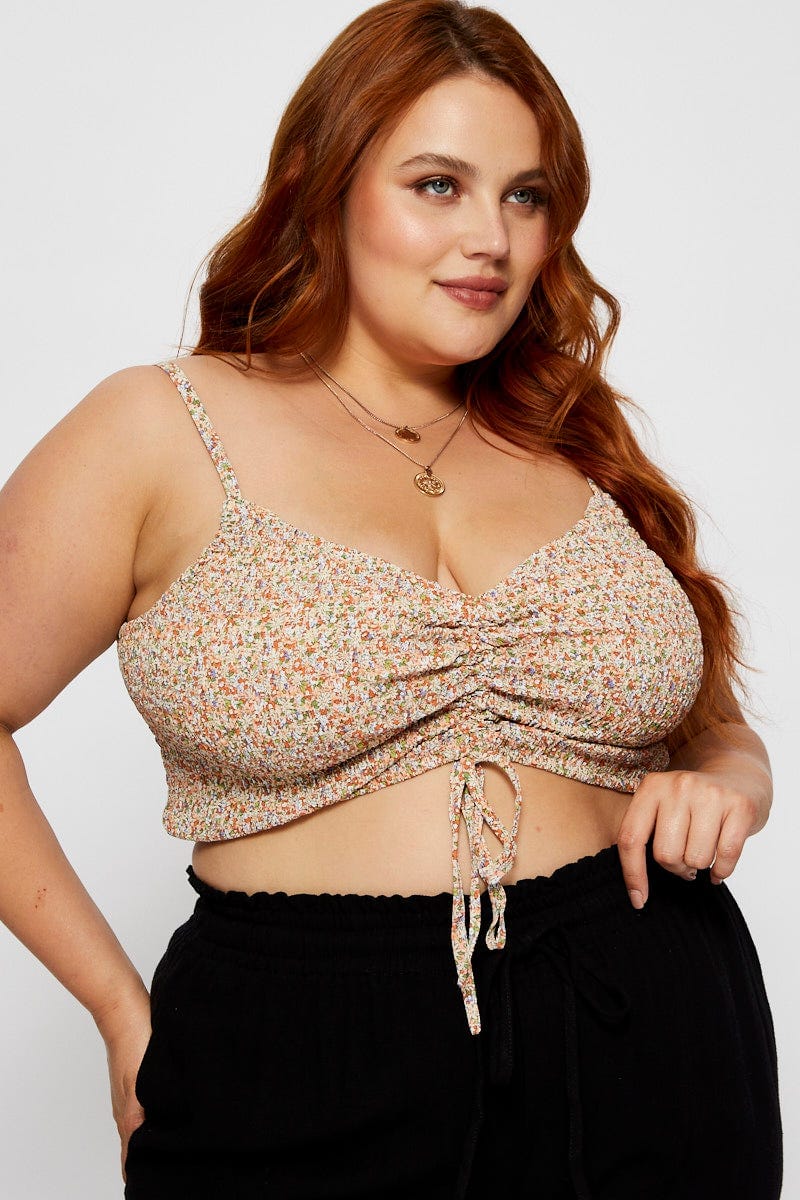 Floral Print Crop Top Sleeveless Drawstring - Image 3