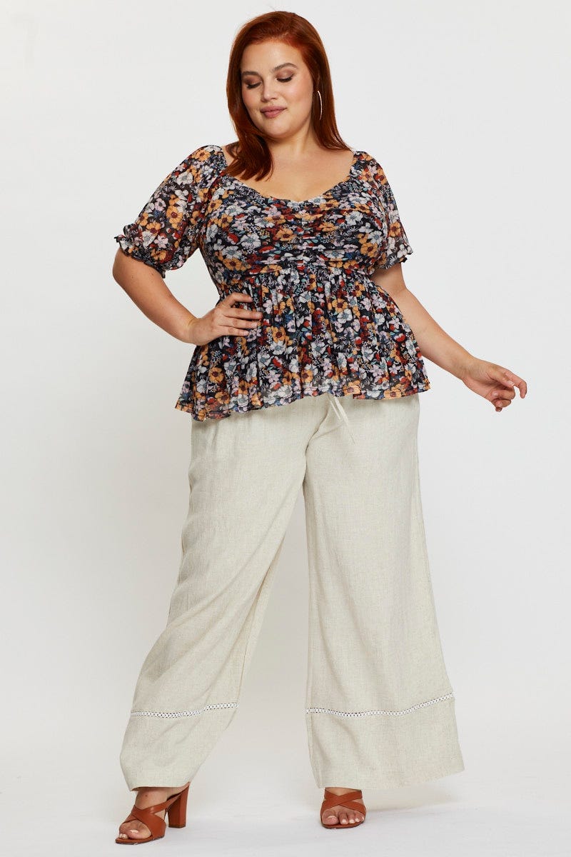 Floral Print Hem Top Puff Sleevemesh Gathered - Image 2
