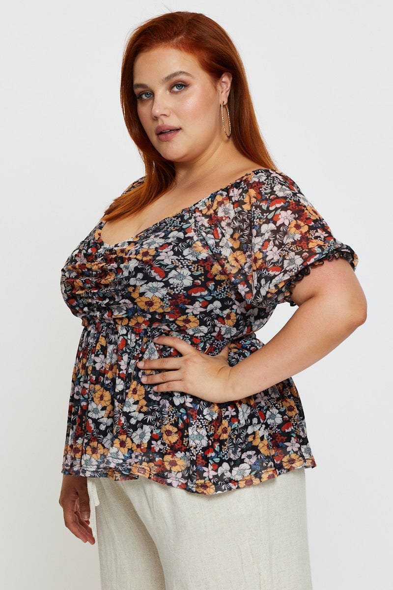 Floral Print Hem Top Puff Sleevemesh Gathered - Image 4