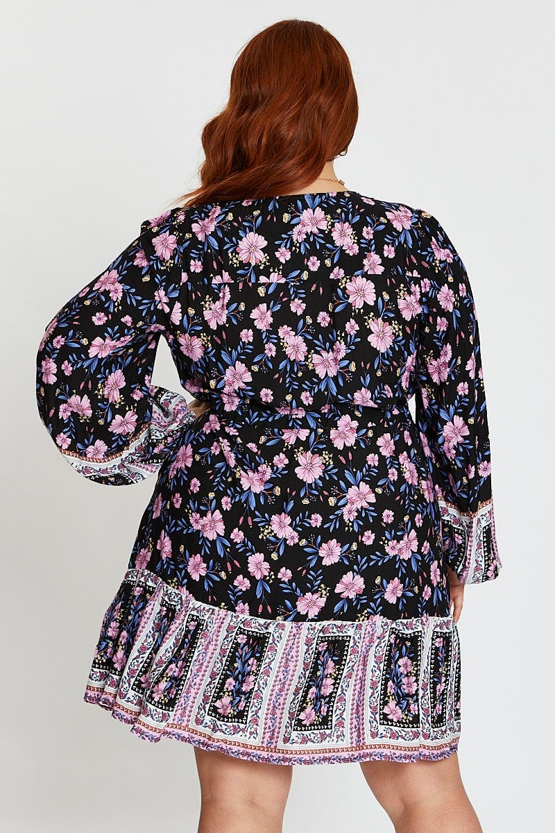 Floral Print Long Sleeve Boho Print Button Tiered Dress - Image 5