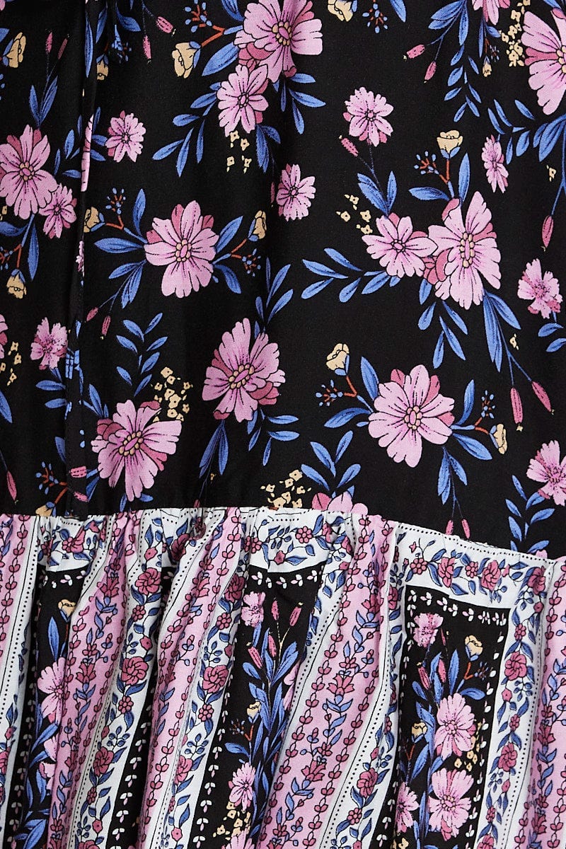 Floral Print Long Sleeve Boho Print Button Tiered Dress - Image 6