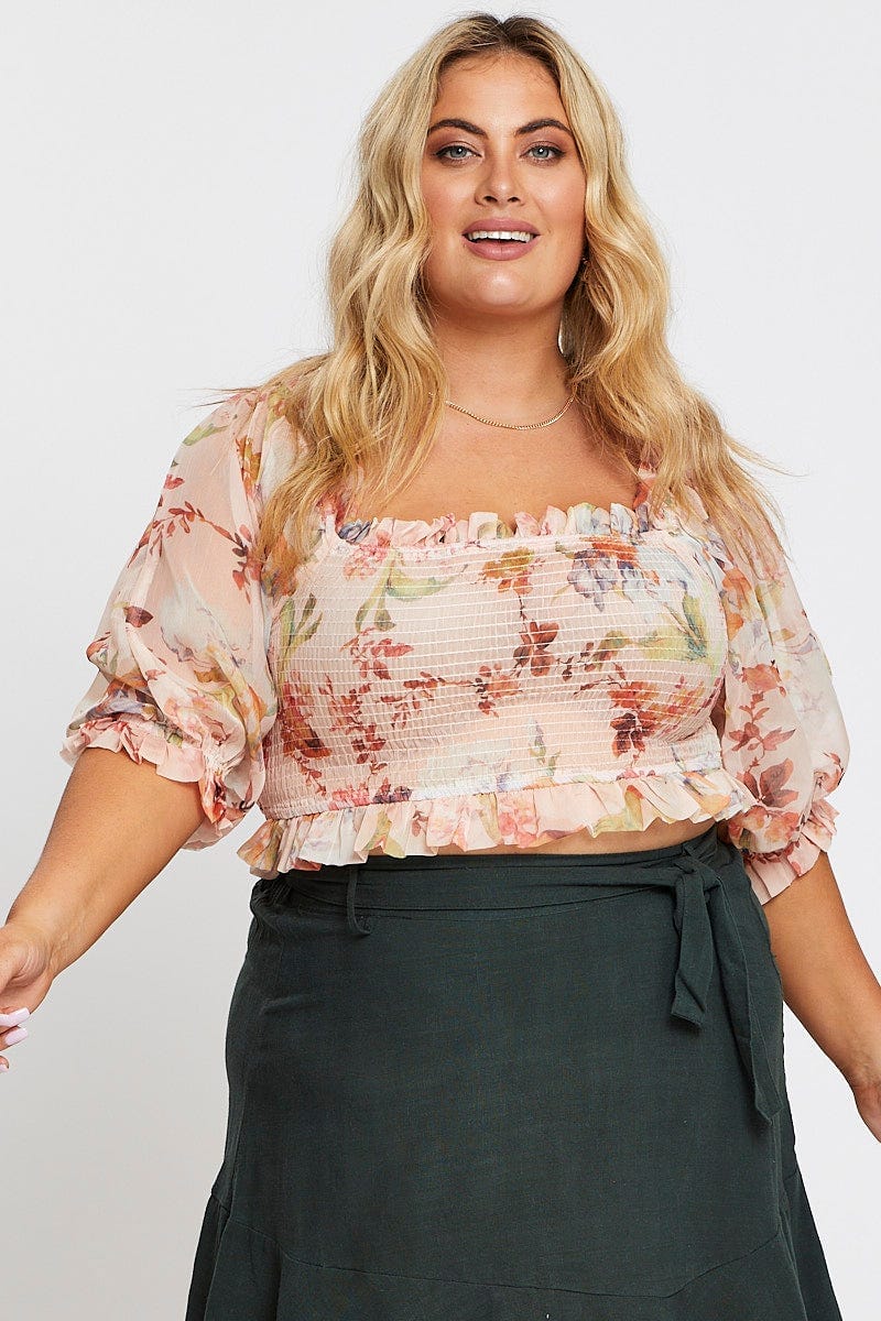 Floral Print Long Sleeve Chiffon Shirred Blushtop - Image 3