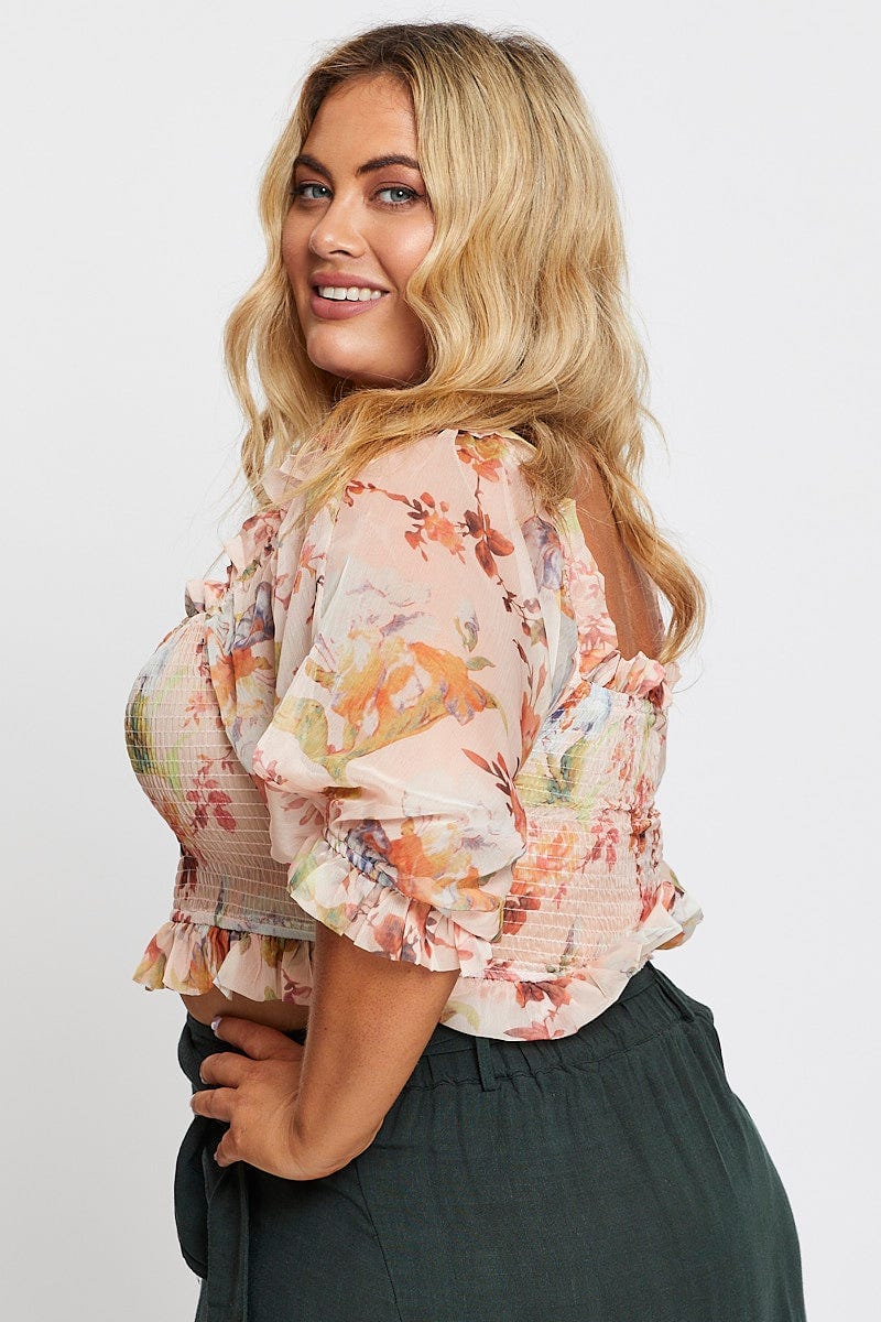 Floral Print Long Sleeve Chiffon Shirred Blushtop - Image 4