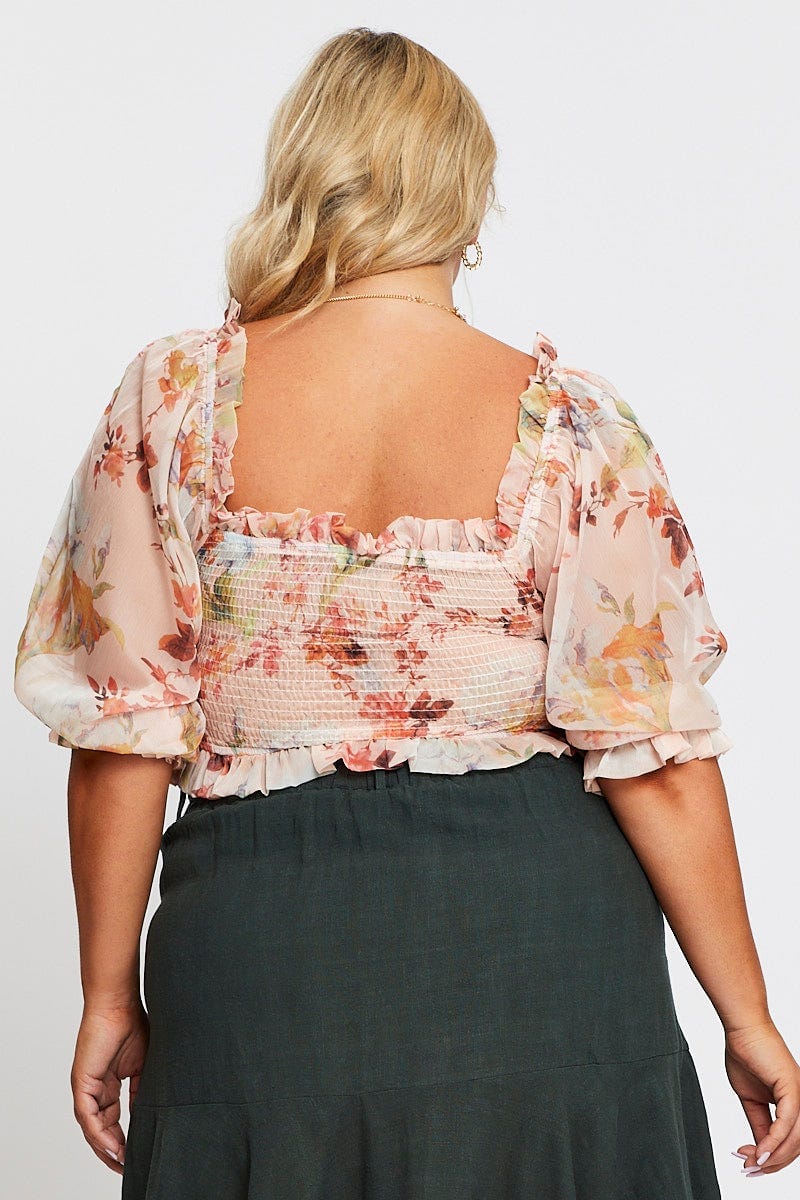 Floral Print Long Sleeve Chiffon Shirred Blushtop - Image 5