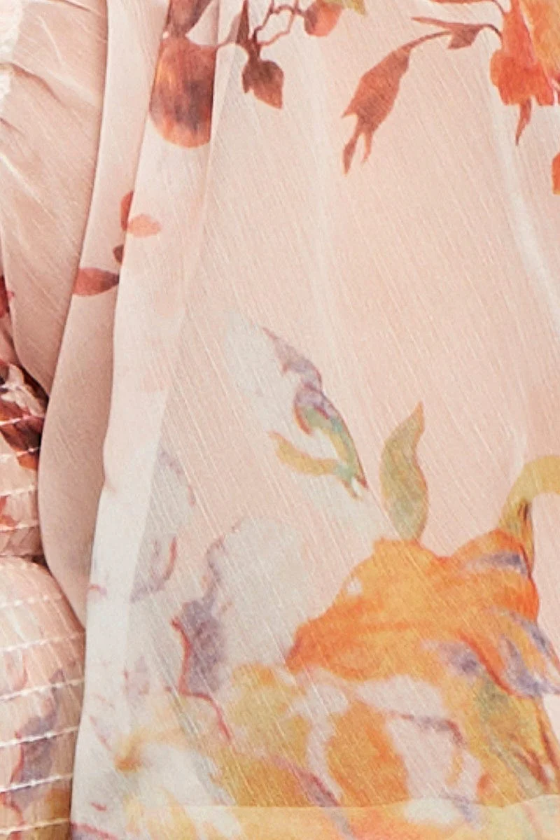 Floral Print Long Sleeve Chiffon Shirred Blushtop - Image 6