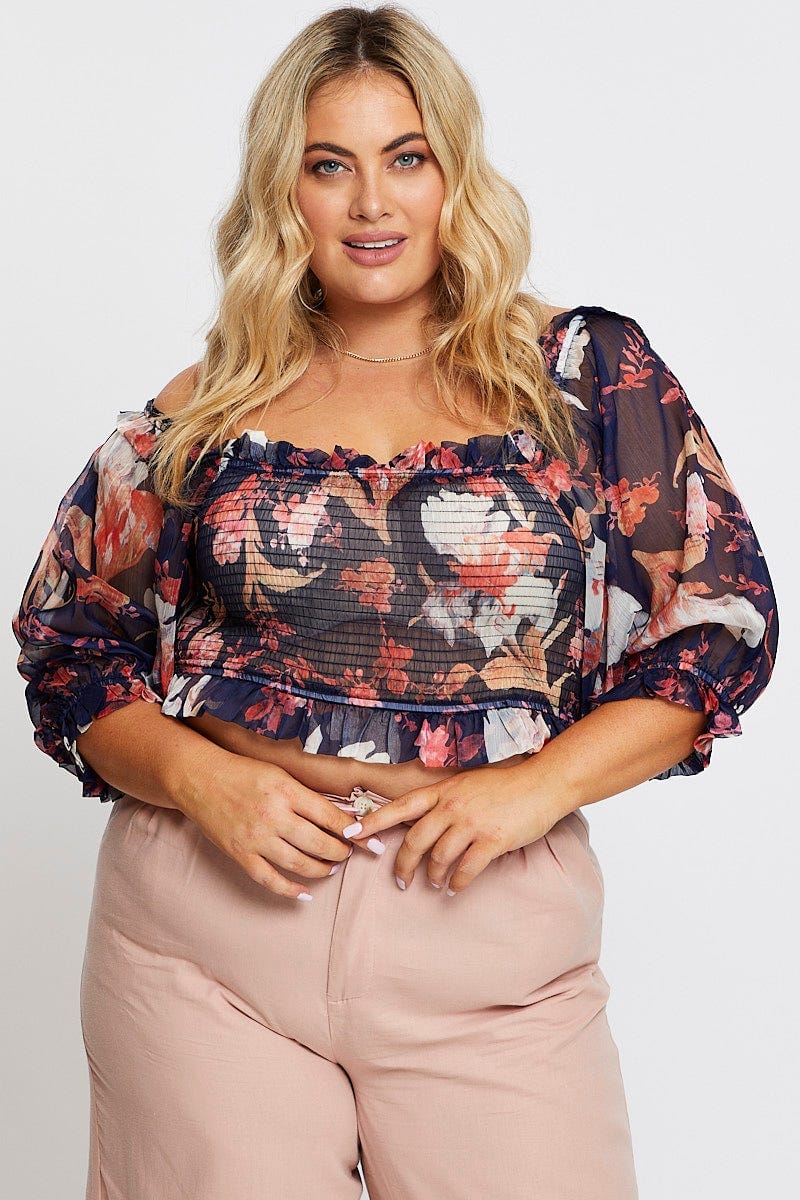 Floral Print Long Sleeve Chiffon Shirred Navytop - Image 3