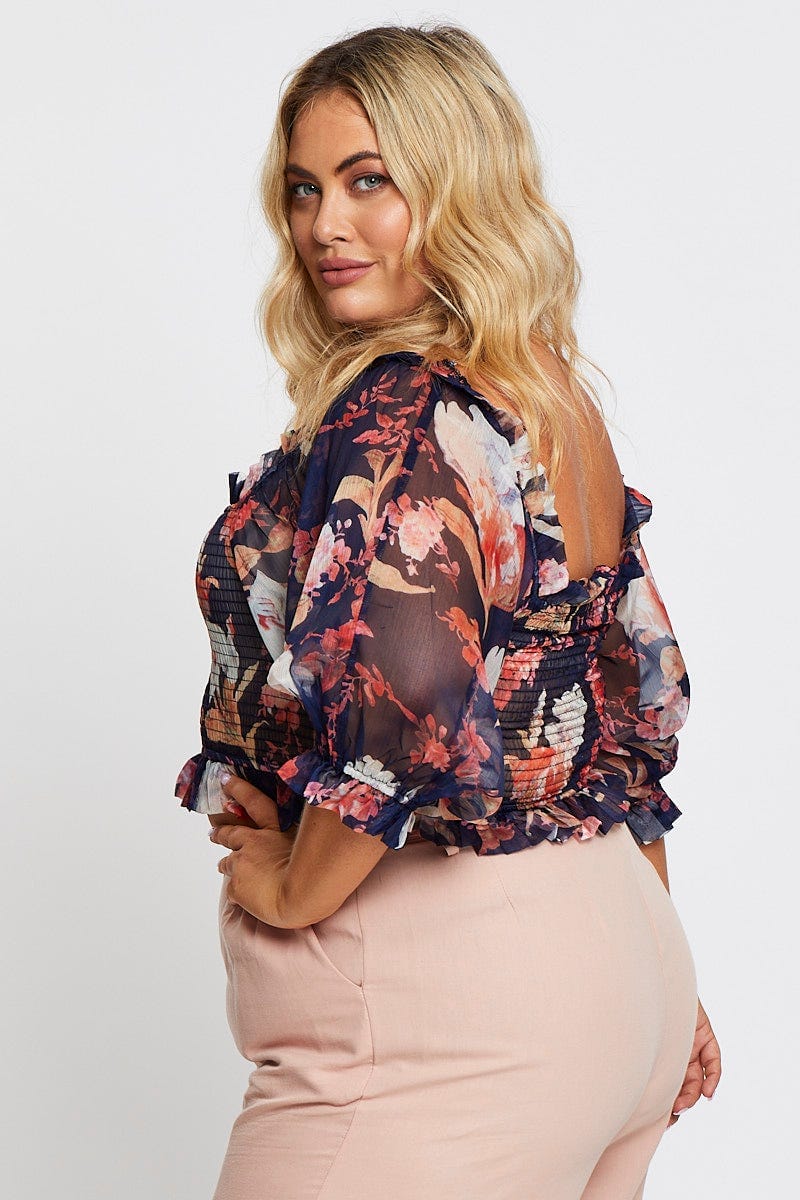 Floral Print Long Sleeve Chiffon Shirred Navytop - Image 4