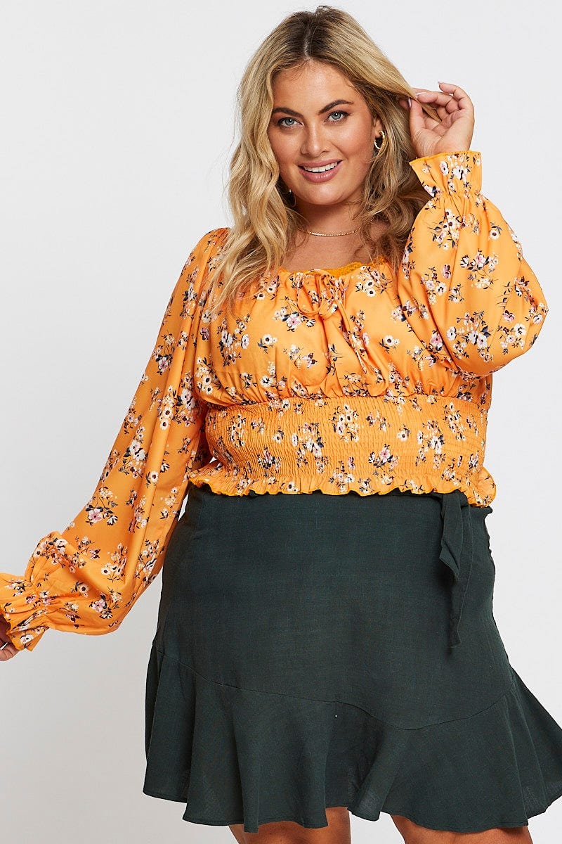 Floral Print Long Sleeve Shirred Detailing Top - Image 3