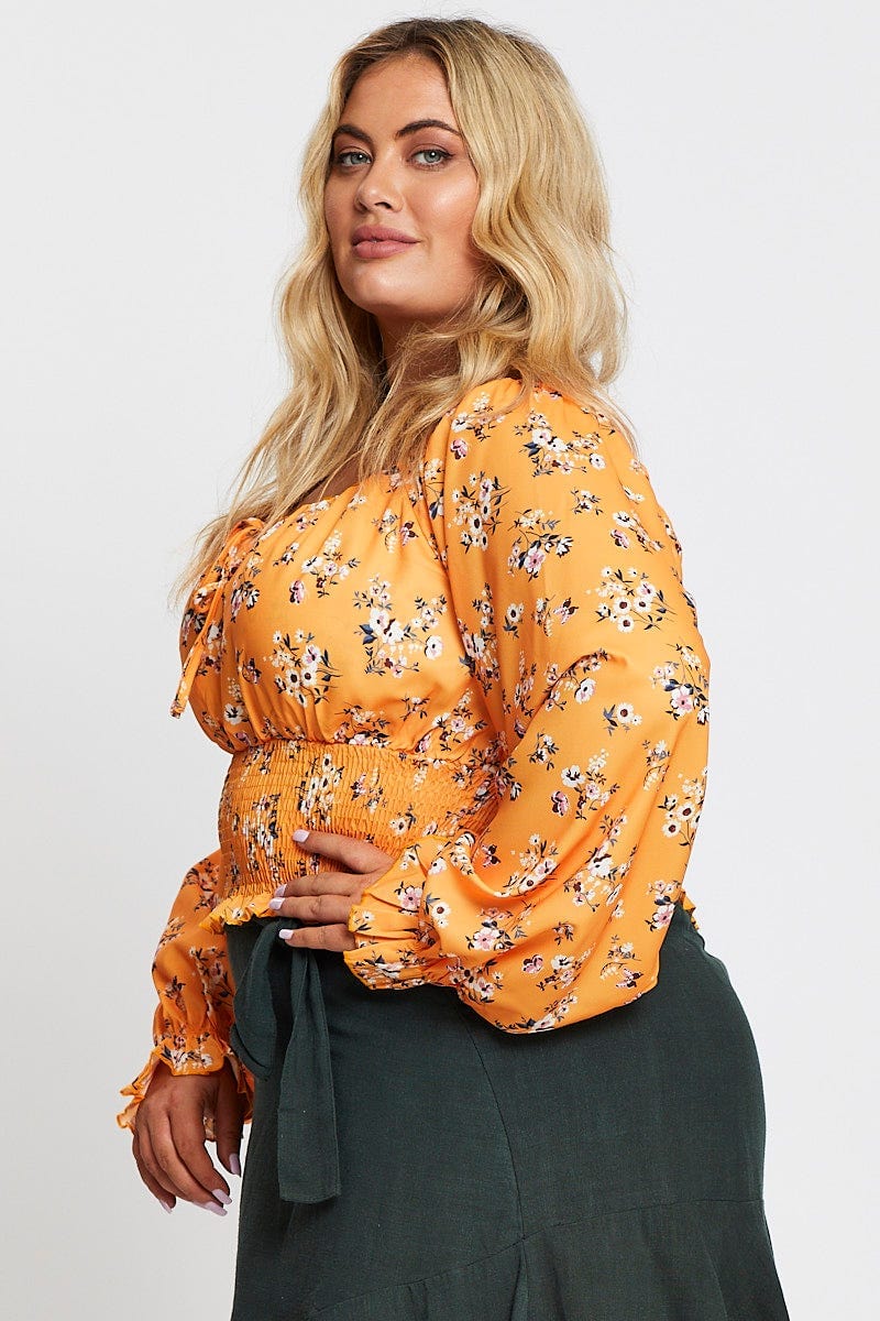 Floral Print Long Sleeve Shirred Detailing Top - Image 4