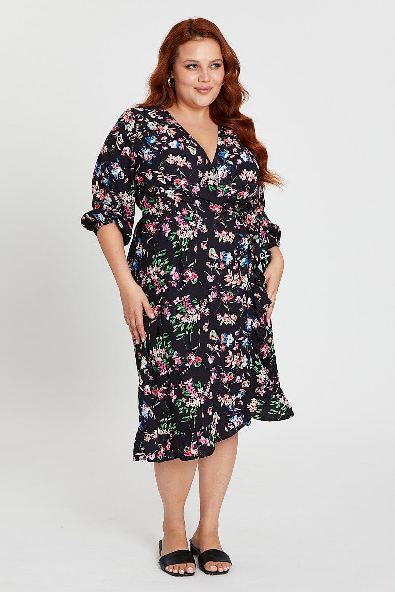 Floral Print Maxi Dress V-neck Long Sleeve - Image 3