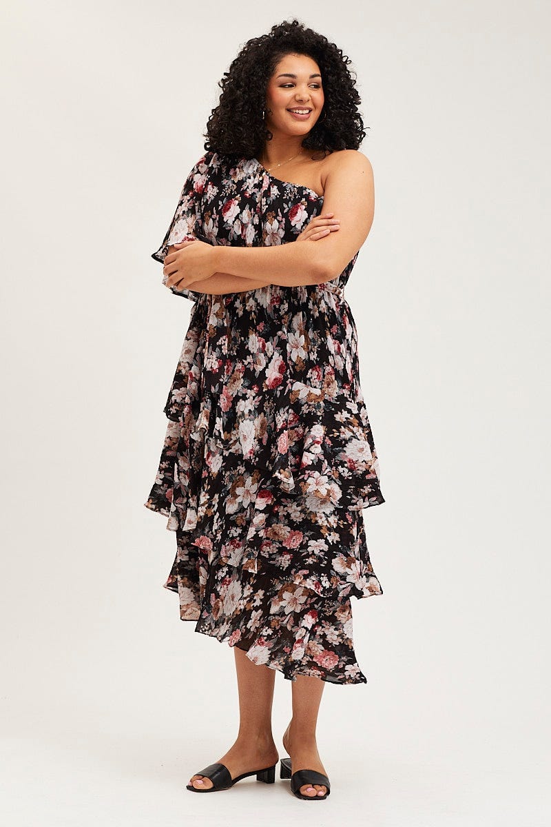 Floral Print Midi Dress One Shoulder Long Sleeve - Image 3
