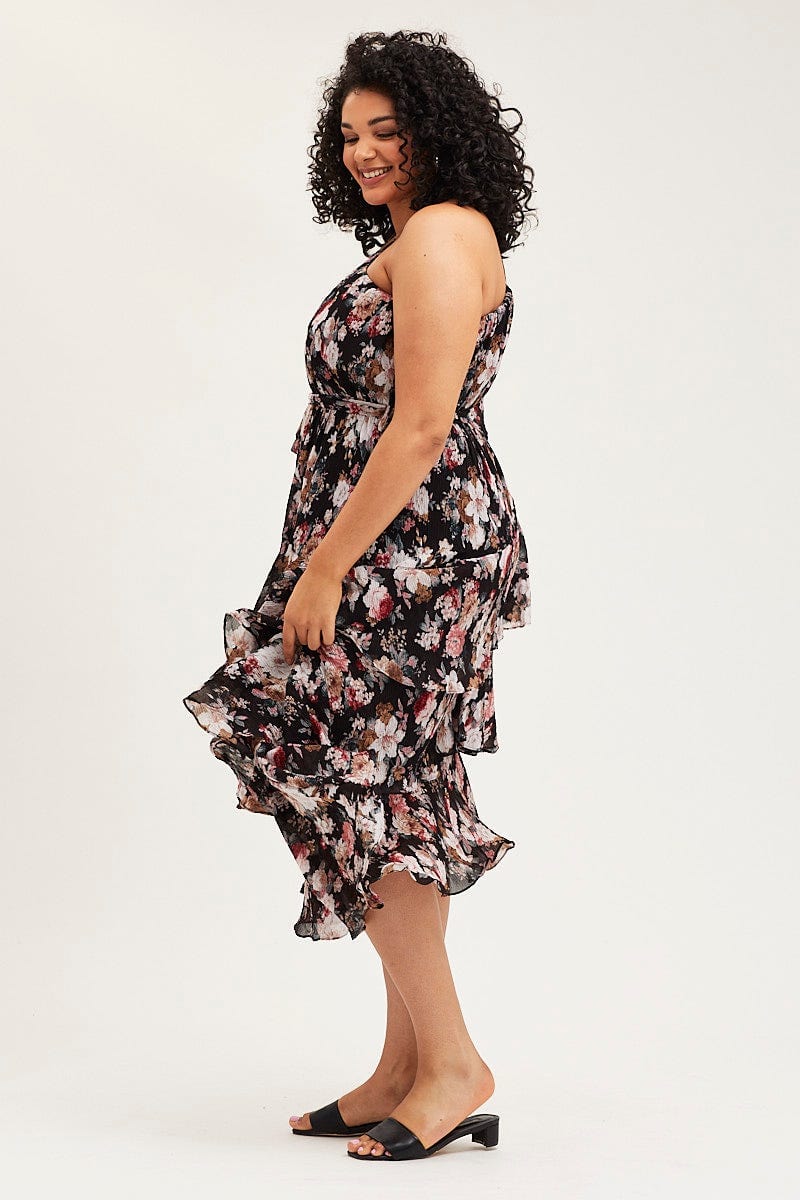 Floral Print Midi Dress One Shoulder Long Sleeve - Image 4
