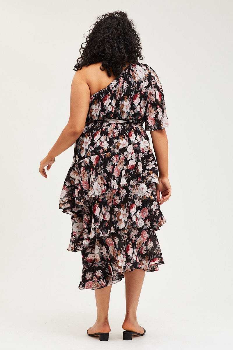Floral Print Midi Dress One Shoulder Long Sleeve - Image 5