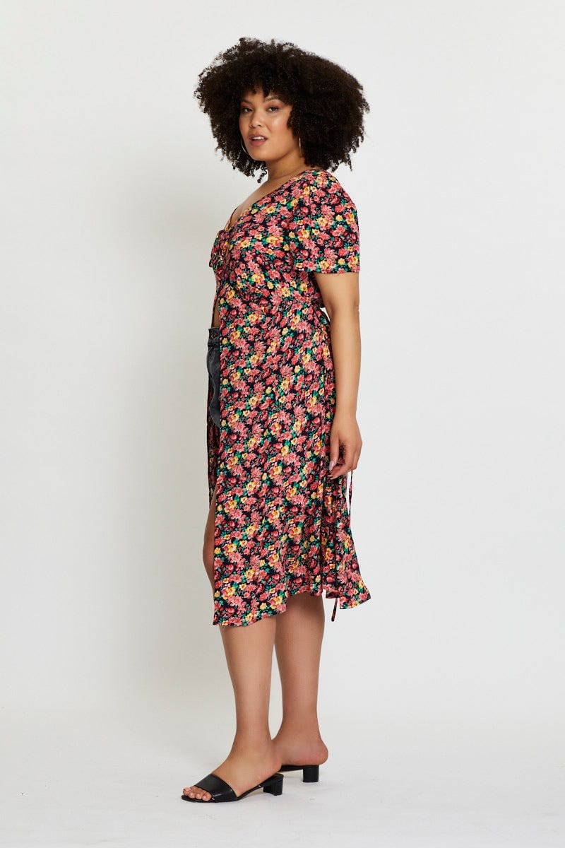 Floral Print Midi Dress Short Sleeve Button - Image 3