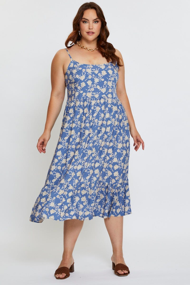 Floral Print Midi Dress Square Neck Sleeveless - Image 3