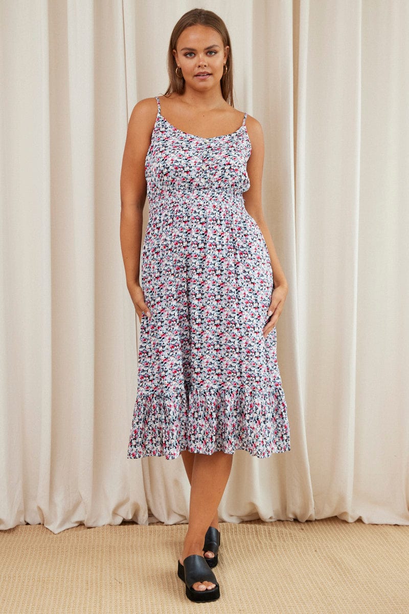 Floral Print Midi Dress V-neck Sleeveless - Image 3