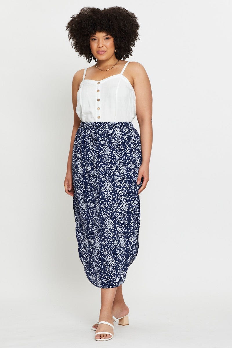 Floral Print Midi Skirt Elastic Waist