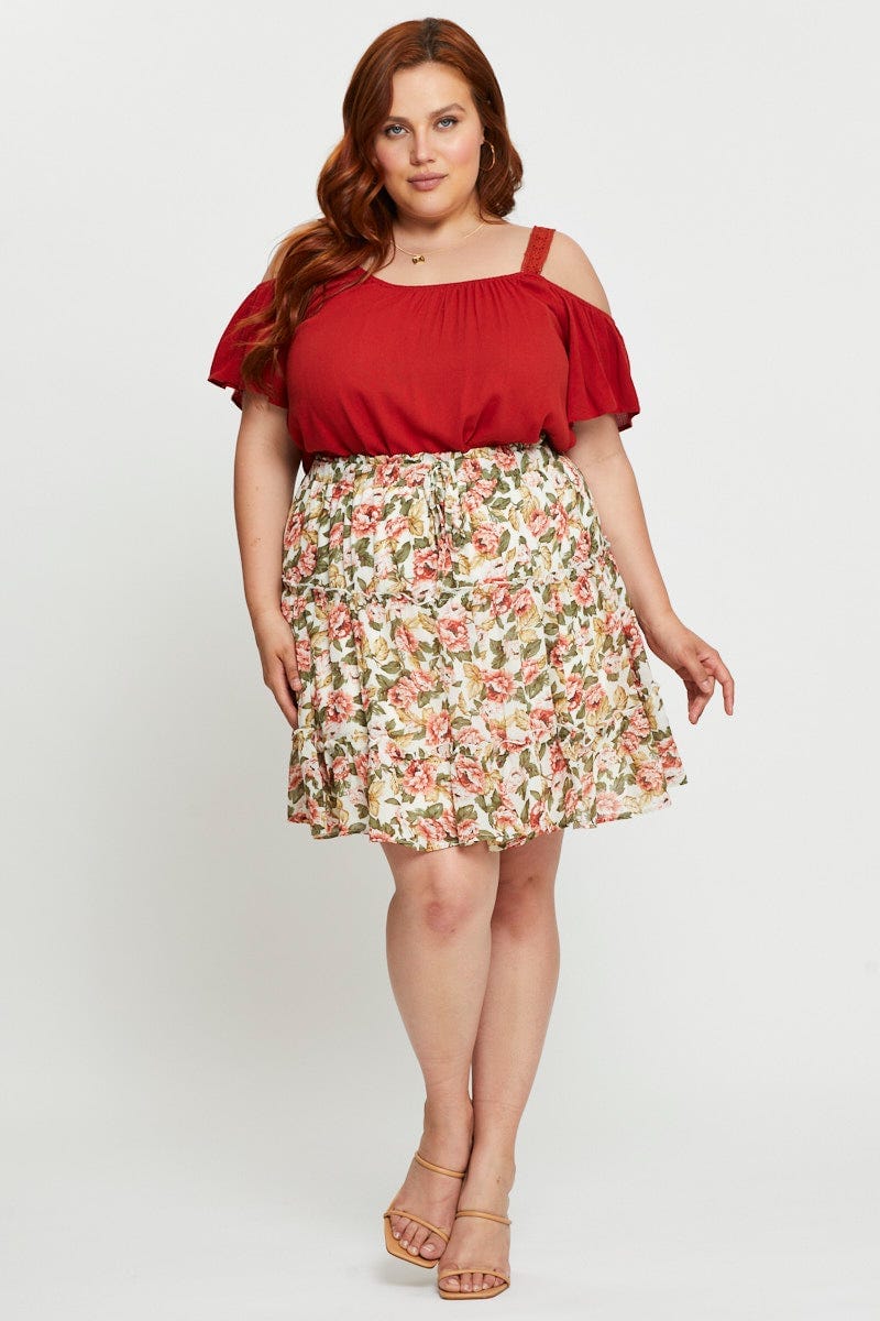 Floral Print Mini Skater Skirt Elastic Waist - Image 3