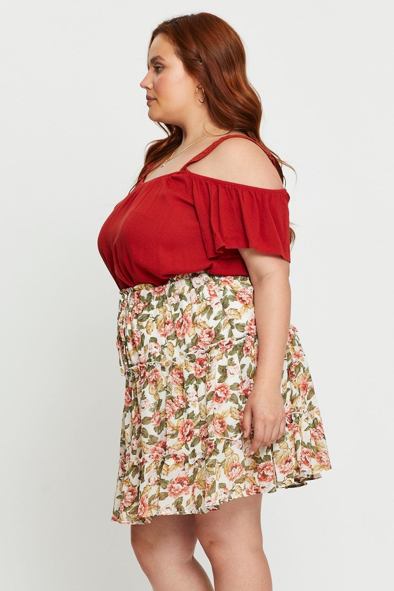 Floral Print Mini Skater Skirt Elastic Waist - Image 4