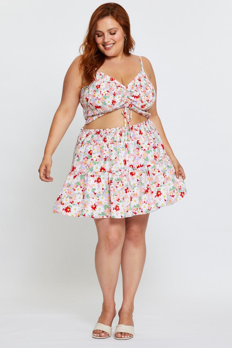 Floral Print Mini Skater Skirt Ruffle Hem - Image 3