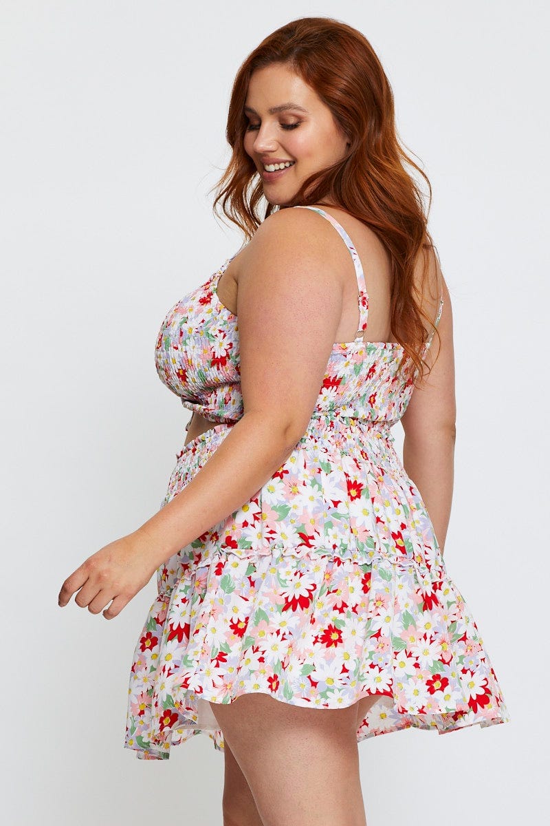 Floral Print Mini Skater Skirt Ruffle Hem - Image 4