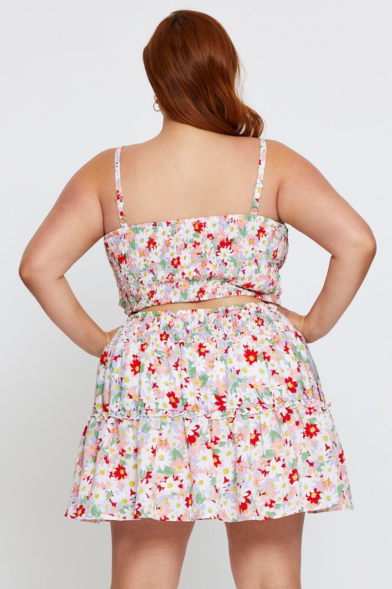 Floral Print Mini Skater Skirt Ruffle Hem - Image 5