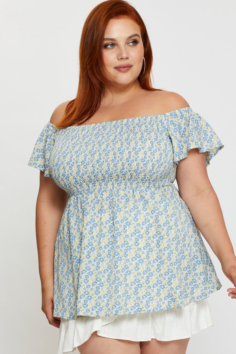Floral Print Off The Shoulder Top Short Sleeve - Image 3