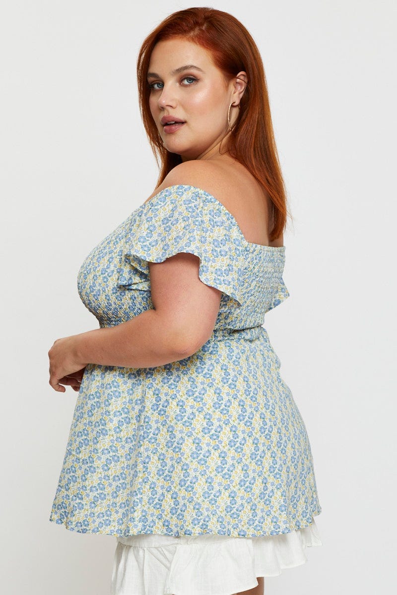 Floral Print Off The Shoulder Top Short Sleeve - Image 4