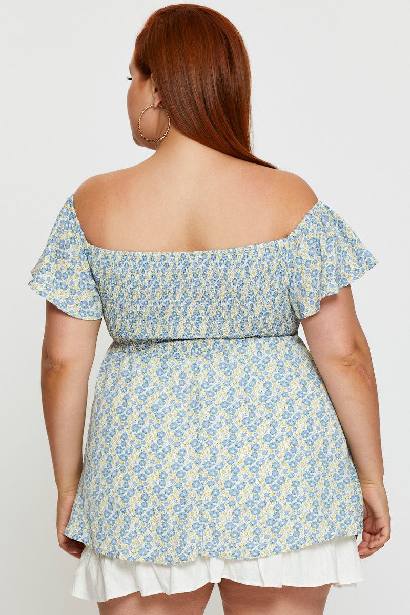 Floral Print Off The Shoulder Top Short Sleeve - Image 5