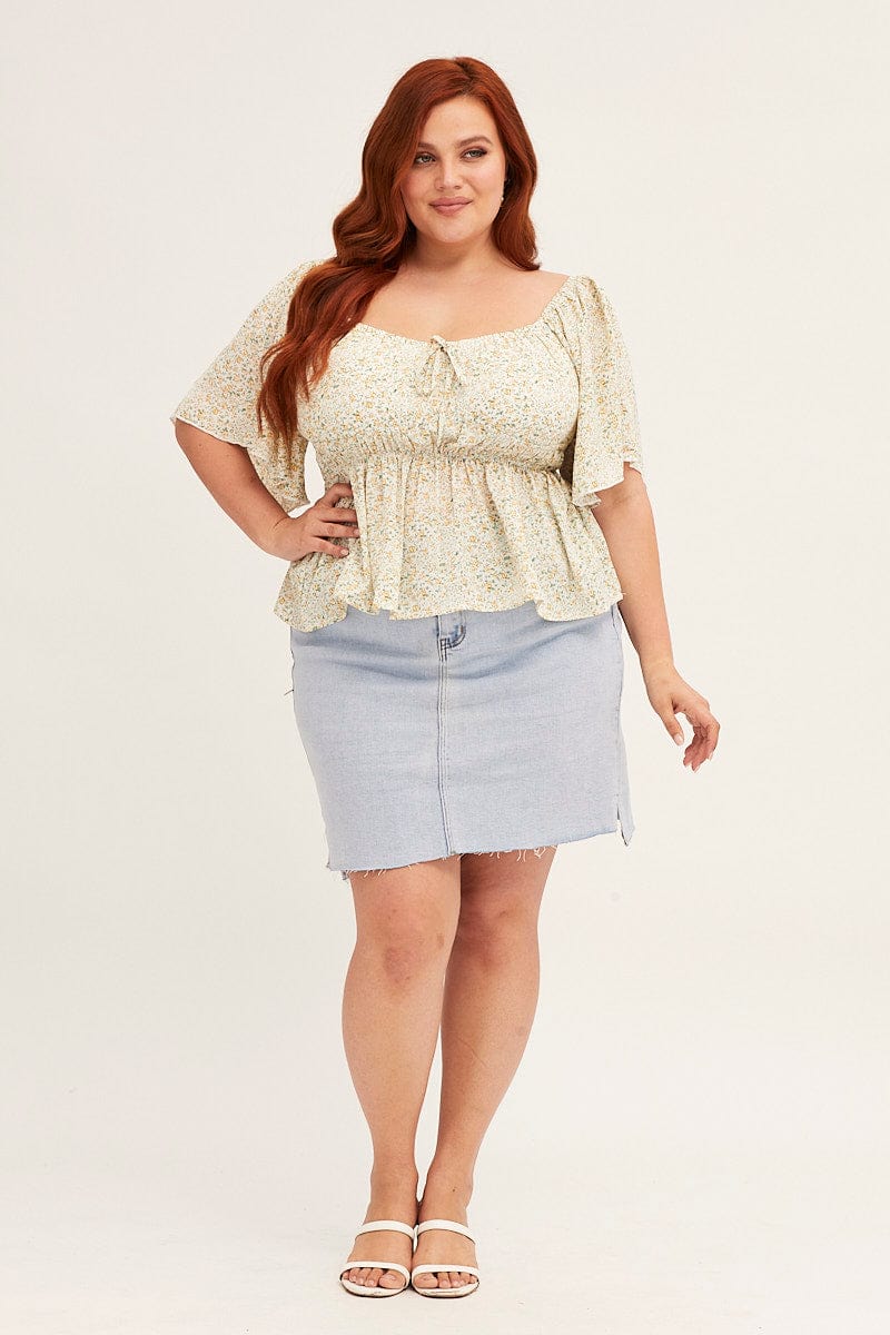 Floral Print Peplum Top Short Sleeve Ruched - Image 2