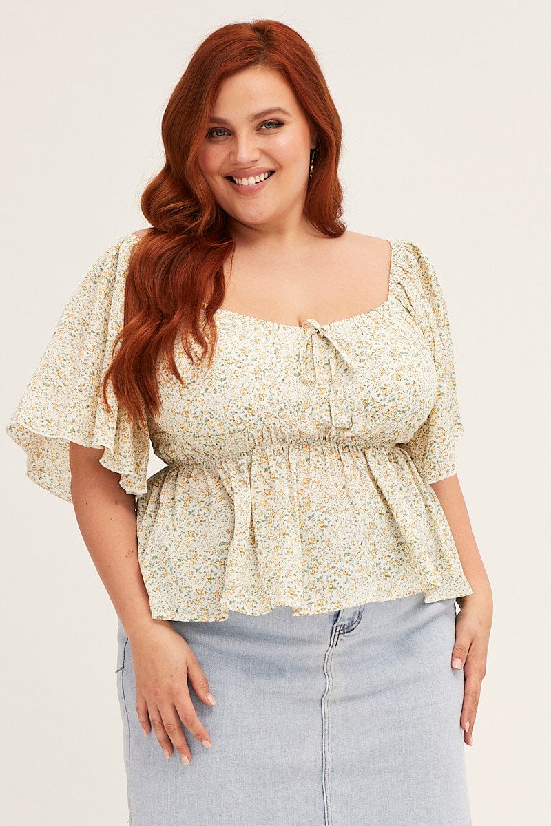 Floral Print Peplum Top Short Sleeve Ruched - Image 3