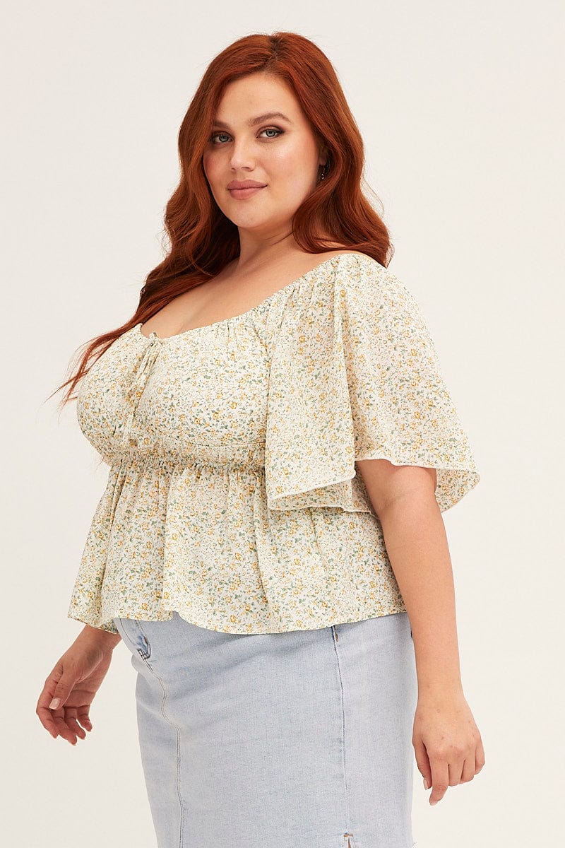 Floral Print Peplum Top Short Sleeve Ruched - Image 4