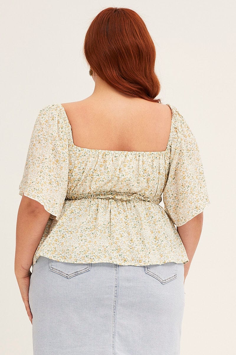 Floral Print Peplum Top Short Sleeve Ruched - Image 5