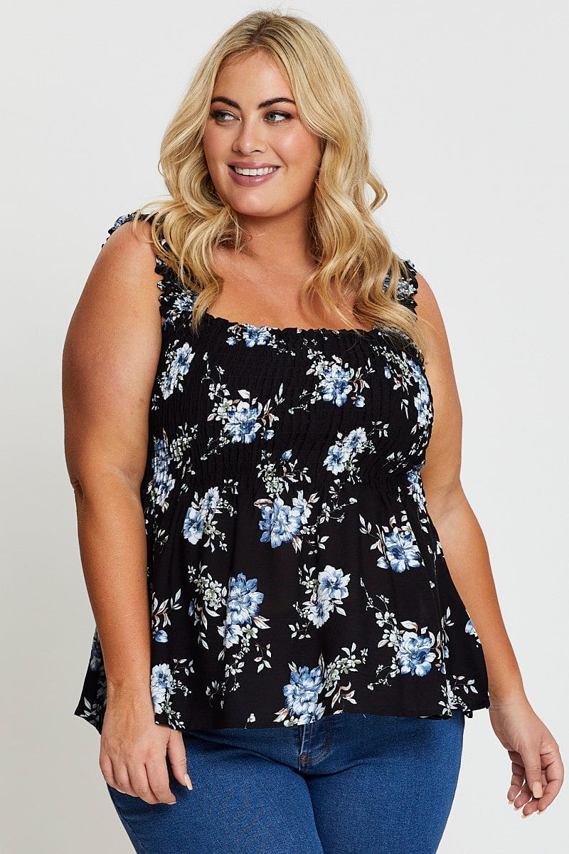 Floral Print Peplum Top Sleeveless Shirred - Image 3