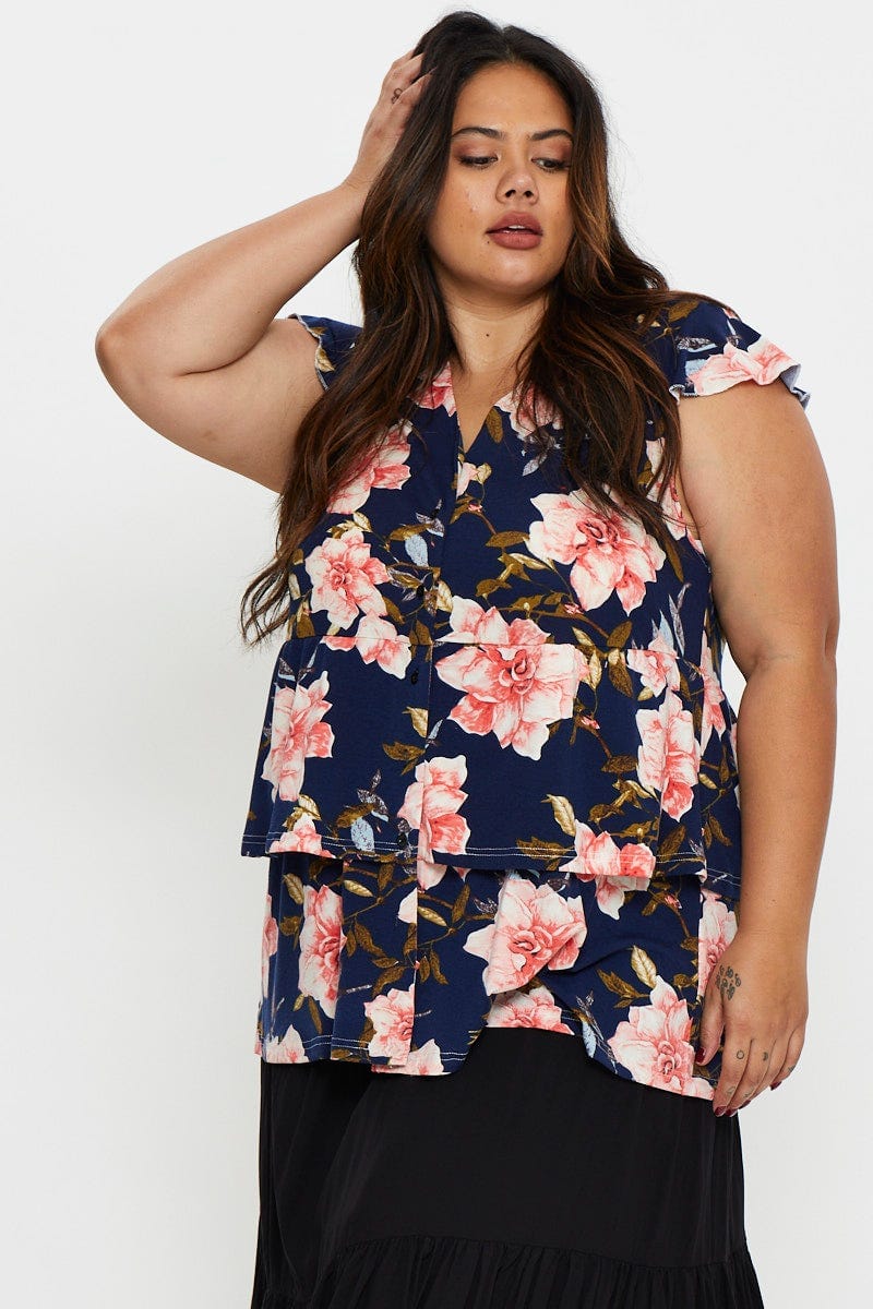 Floral Print Peplum Top V-neck Flutter Sleeve Floral - Image 3