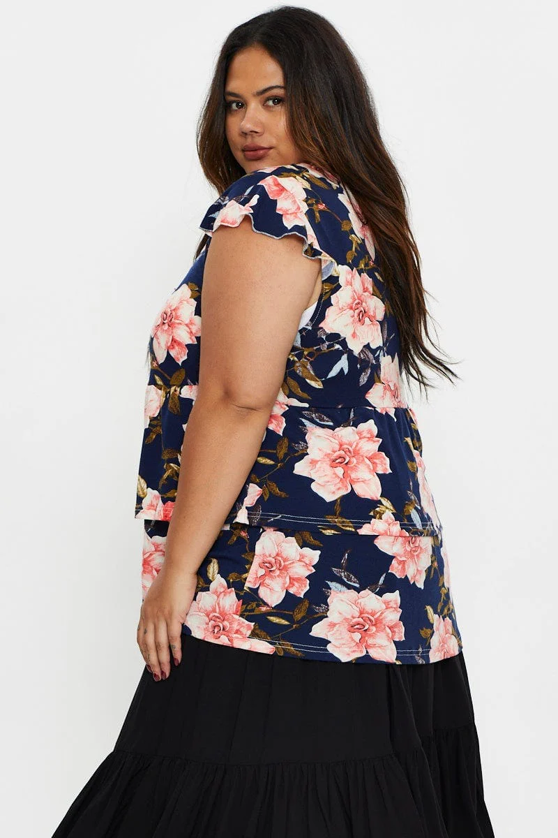 Floral Print Peplum Top V-neck Flutter Sleeve Floral - Image 4