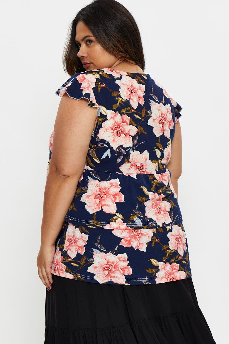 Floral Print Peplum Top V-neck Flutter Sleeve Floral - Image 5