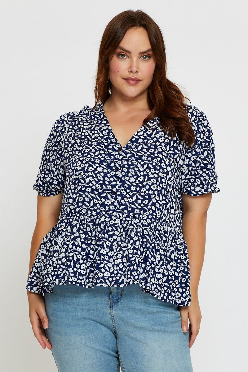 Floral Print Peplum Top V-neck Short Sleeve
