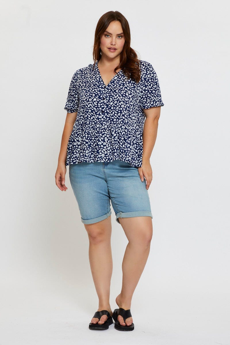 Floral Print Peplum Top V-neck Short Sleeve - Image 2