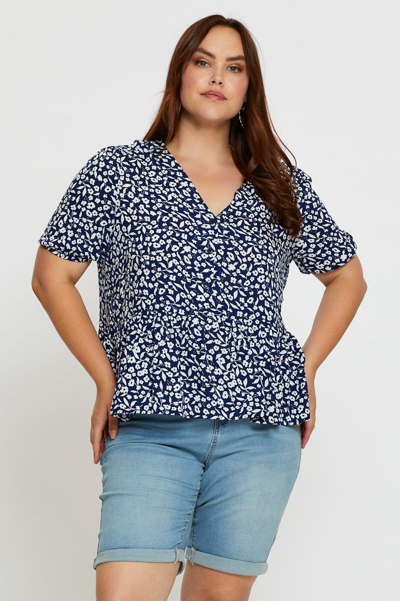 Floral Print Peplum Top V-neck Short Sleeve - Image 3