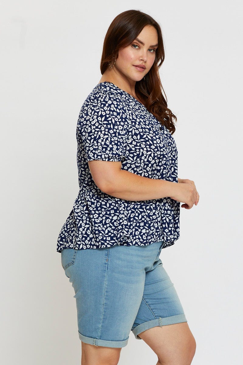 Floral Print Peplum Top V-neck Short Sleeve - Image 4