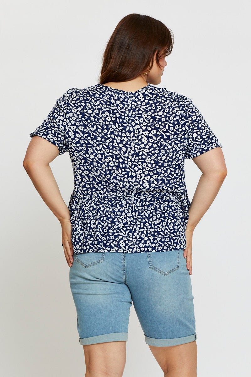 Floral Print Peplum Top V-neck Short Sleeve - Image 5