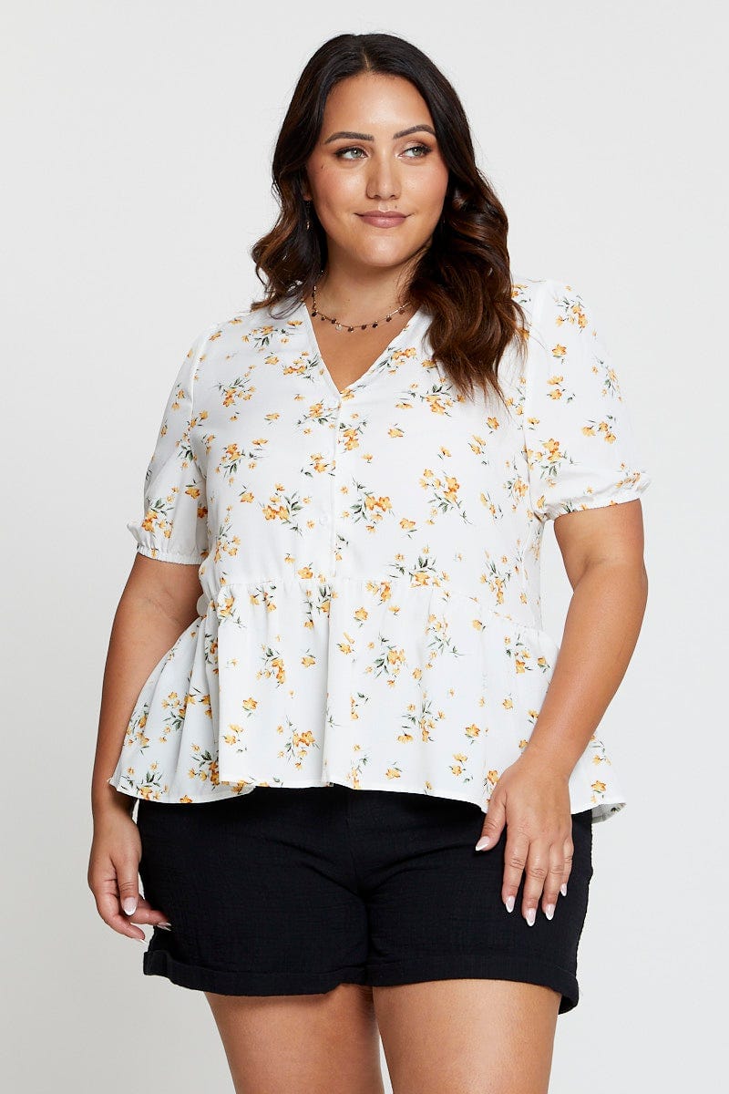 Floral Print Peplum Top V-neck Short Sleeve