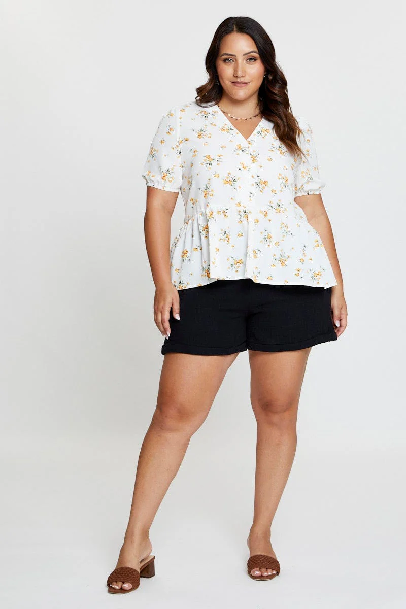 Floral Print Peplum Top V-neck Short Sleeve - Image 2