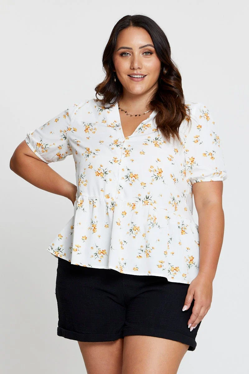 Floral Print Peplum Top V-neck Short Sleeve - Image 3