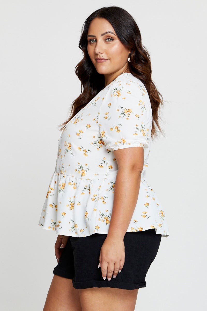 Floral Print Peplum Top V-neck Short Sleeve - Image 4