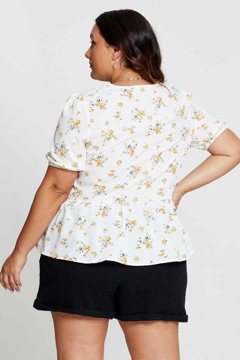 Floral Print Peplum Top V-neck Short Sleeve - Image 5